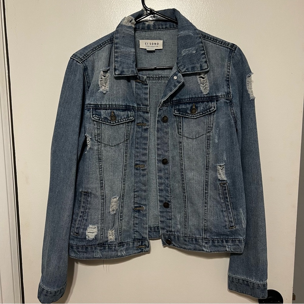 Ci Sono Women's Light Blue Distressed Jean Jacket